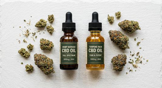 full spectrum cbd vs broad spectrum oil bottles with hemp flower buds comparison guide