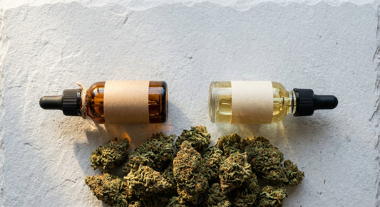 full spectrum hemp oil vs CBD oil bottles with hemp flower buds Hurcann