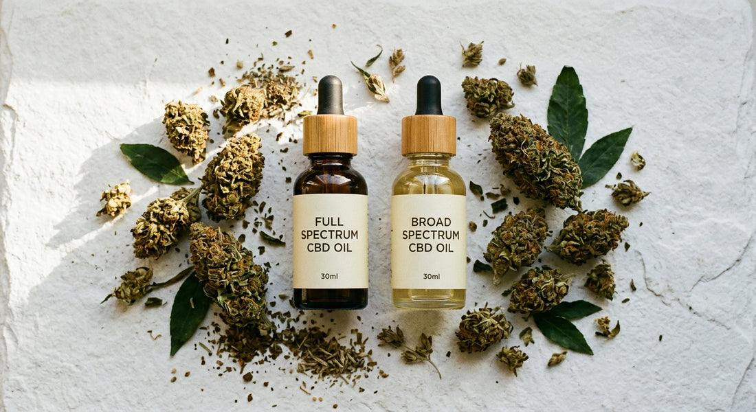 full spectrum vs broad spectrum CBD oil bottles comparison hemp flower buds Hurcann