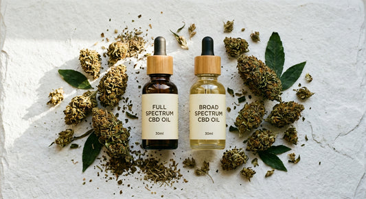 full spectrum vs broad spectrum CBD oil bottles comparison hemp flower buds Hurcann