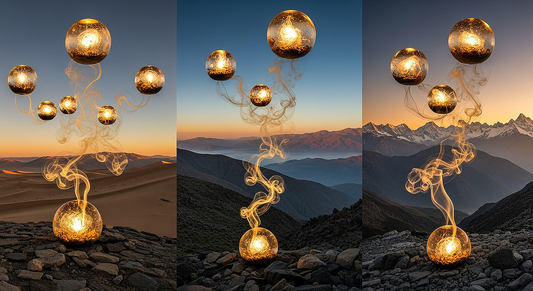 Global journey of hashish balls connecting Afghanistan, Morocco, and Nepal through smoke and light.