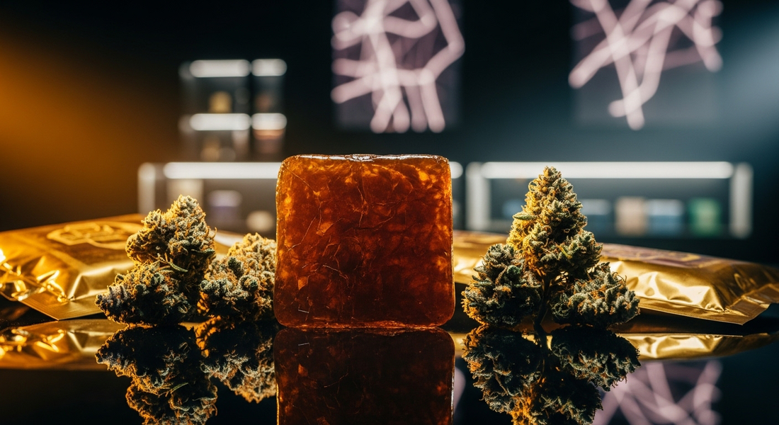 Moroccan THCA hash slab beside cannabis buds and premium packaging in elegant dispensary.