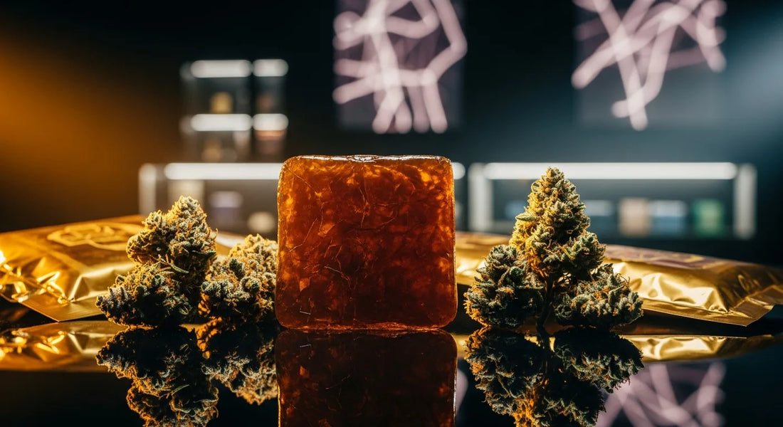 Moroccan THCA hash slab beside cannabis buds and premium packaging in elegant dispensary | Hurcann