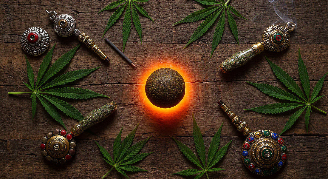 Symbolic photo of a hash ball surrounded by cannabis leaves and Himalayan artifacts representing tradition and modern cannabis culture.