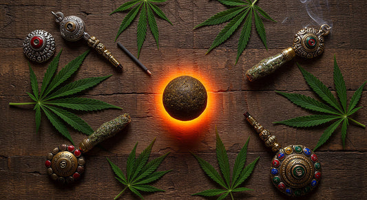 Symbolic photo of a hash ball surrounded by cannabis leaves and Himalayan artifacts representing tradition and modern cannabis culture.