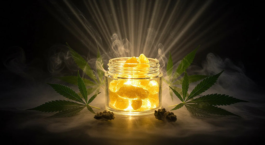 Featured image showing glowing THCA hash crystals with cannabis leaves and vapor clouds representing power and purity | Hurcann