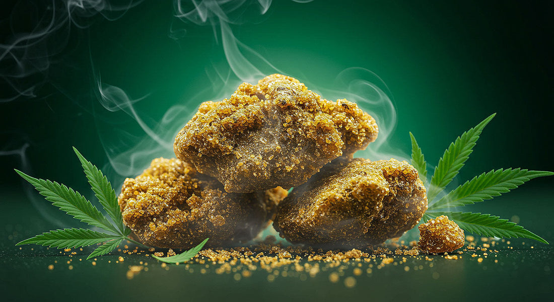 A magnified view of glowing THCA hash crumbles with vapor and cannabis leaves in an emerald-green backdrop, capturing the essence of the article.