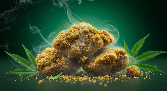 A magnified view of glowing THCA hash crumbles with vapor and cannabis leaves in an emerald-green backdrop, capturing the essence of the article.