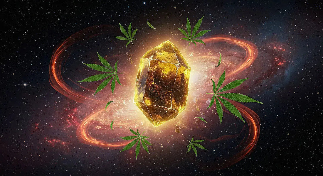 A glowing THCA hash crystal floats in a cosmic galaxy, with raw cannabis leaves and fiery THC smoke trails, blending raw and psychoactive essence.