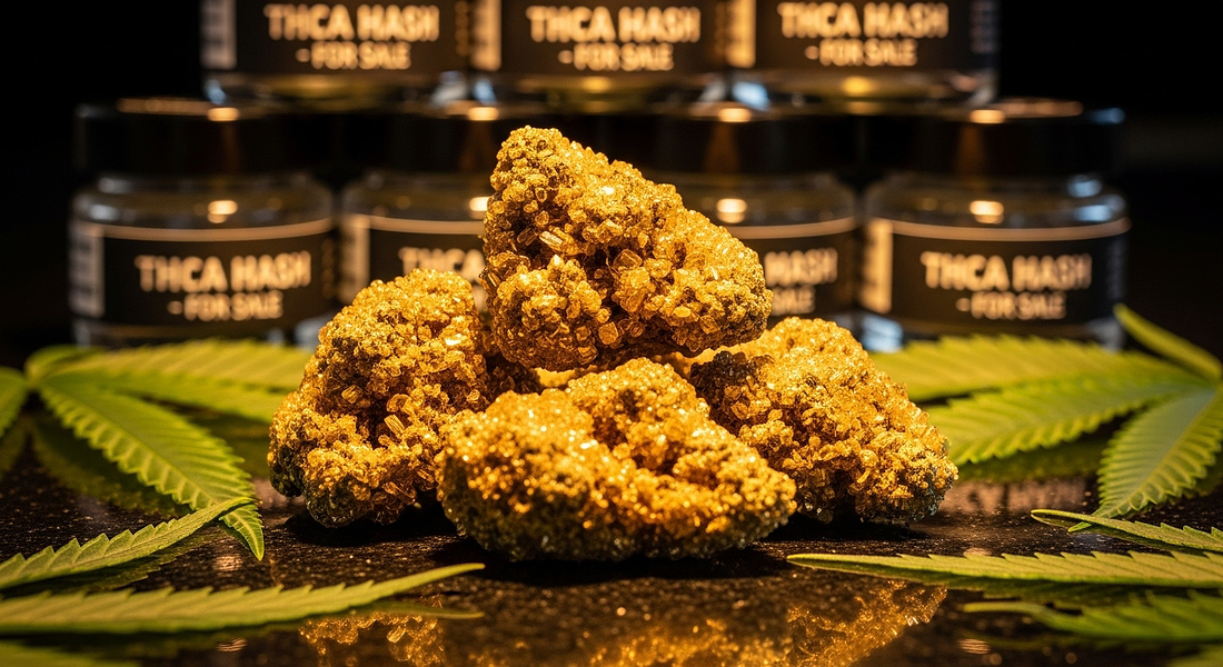 close-up of golden THCA hash jars displayed on a cannabis counter representing online and local dispensary options