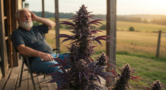 grandfather smoking a joint with a granddaddy purple plant in front of him.