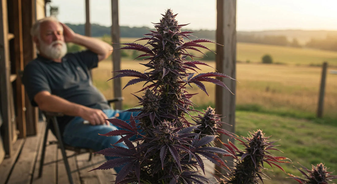 grandfather smoking a joint with a granddaddy purple plant in front of him | Hurcann
