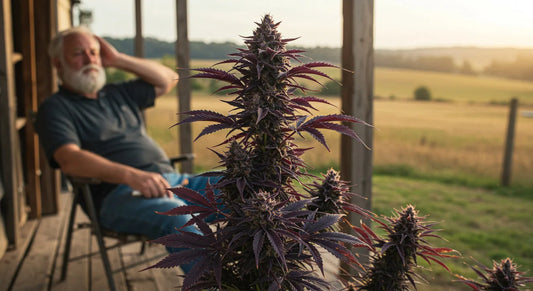 grandfather smoking a joint with a granddaddy purple plant in front of him | Hurcann