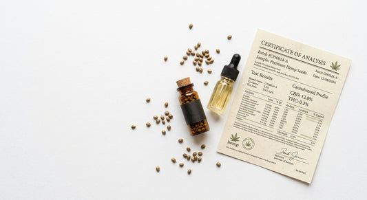 grossiste graine CBD wholesale hemp seeds with COA documentation on white surface