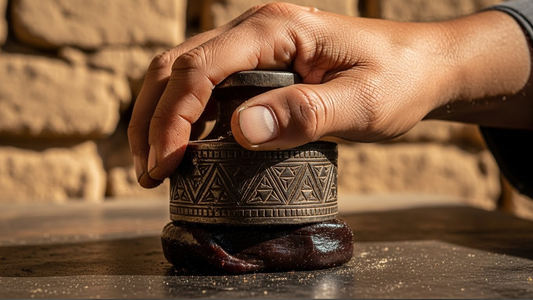 Traditional hashish pressing tool and Afghan hash against an ancient backdrop