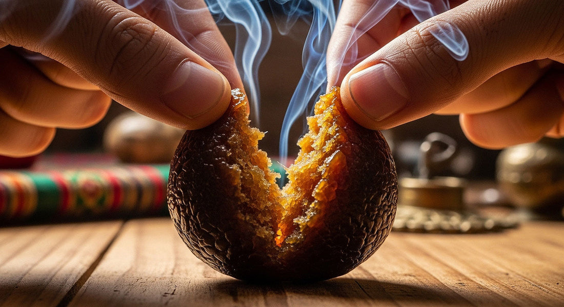 A dark, glossy temple ball hash being opened by hand, releasing aromatic smoke in a cozy Himalayan-inspired room.