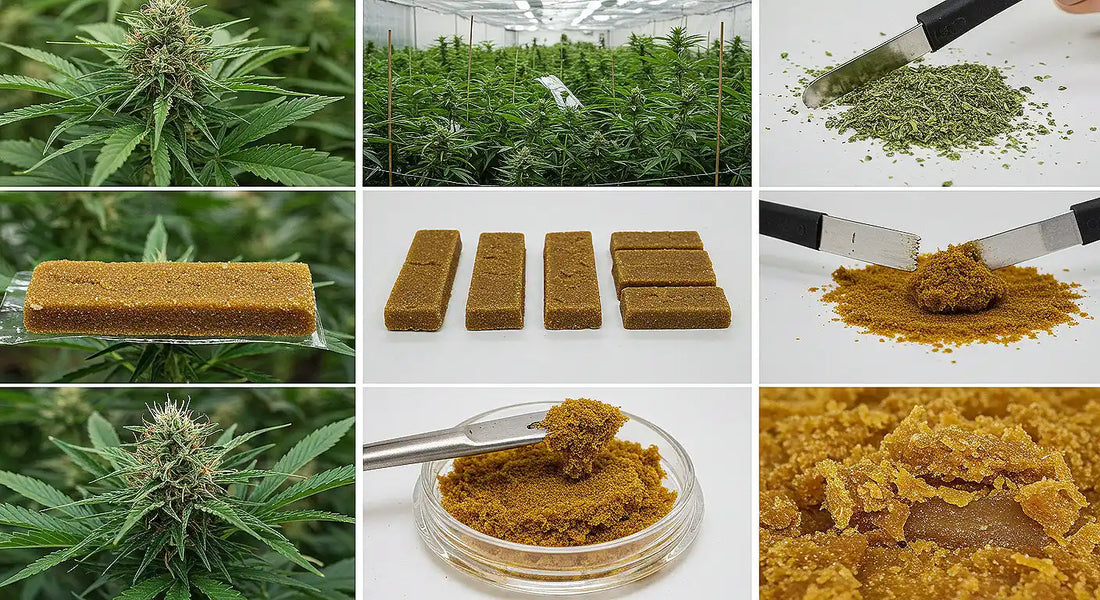 A detailed visual of the hash-making process, showing cannabis plants, dried trichomes, pressed bricks, and the final concentrate | Hurcann