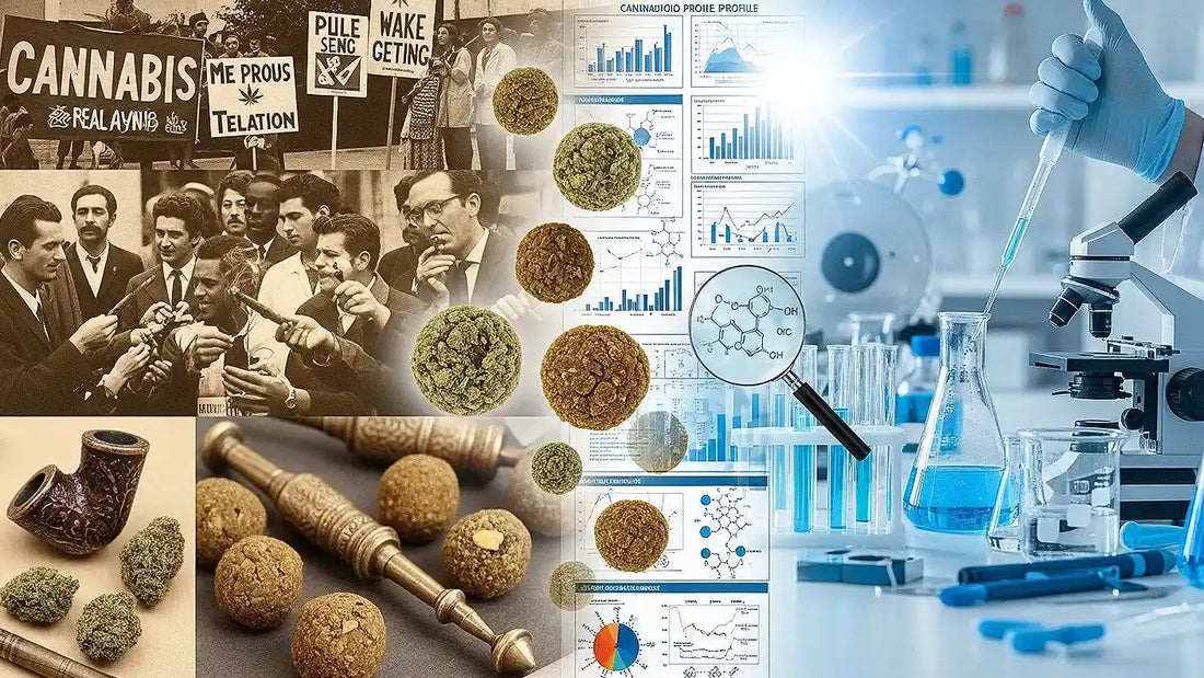 Hash balls surrounded by lab charts, scientific tools, and historical cannabis culture visuals, capturing myth-busting and scientific exploration | Hurcann