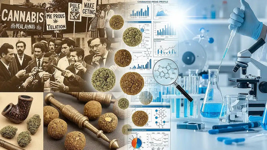 Hash balls surrounded by lab charts, scientific tools, and historical cannabis culture visuals, capturing myth-busting and scientific exploration | Hurcann