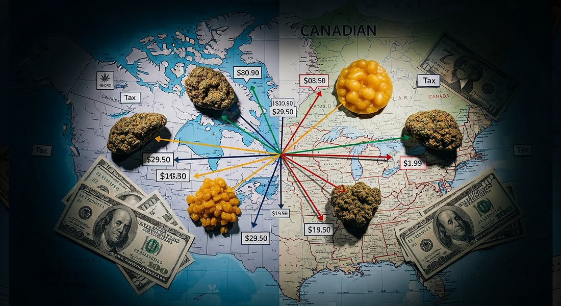Hash products placed over a US–Canada map showing cross-border price differences.