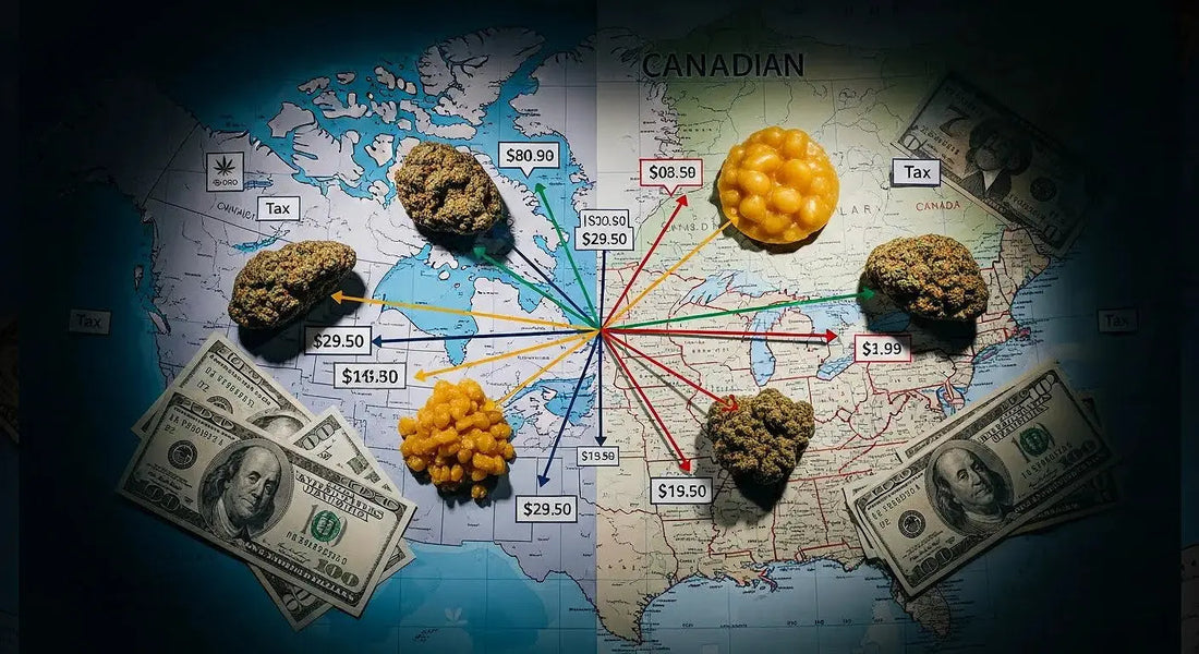 Hash products placed over a US–Canada map showing cross-border price differences | Hurcann