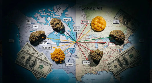 Hash products placed over a US–Canada map showing cross-border price differences | Hurcann