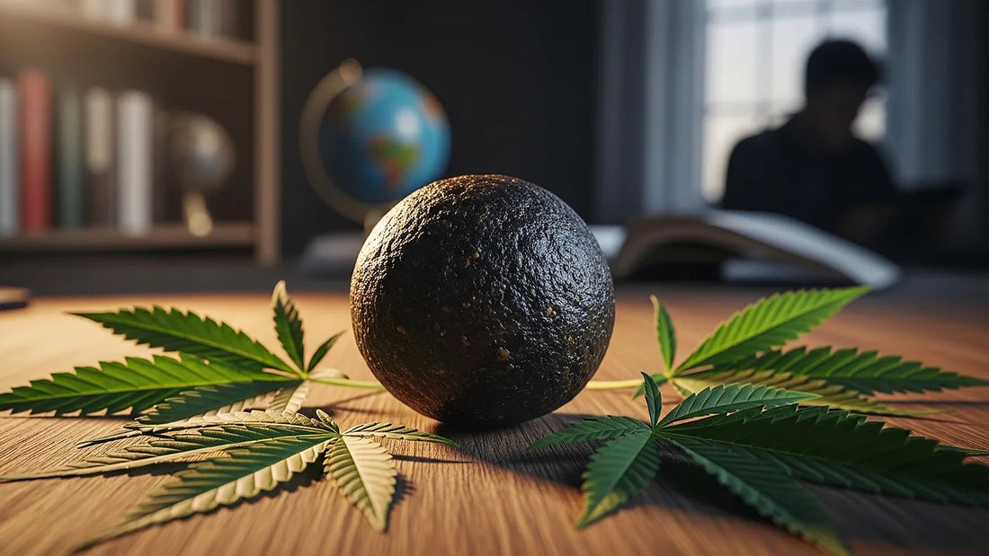 Hashish ball on table with cannabis leaves representing beginner education and safety | Hurcann