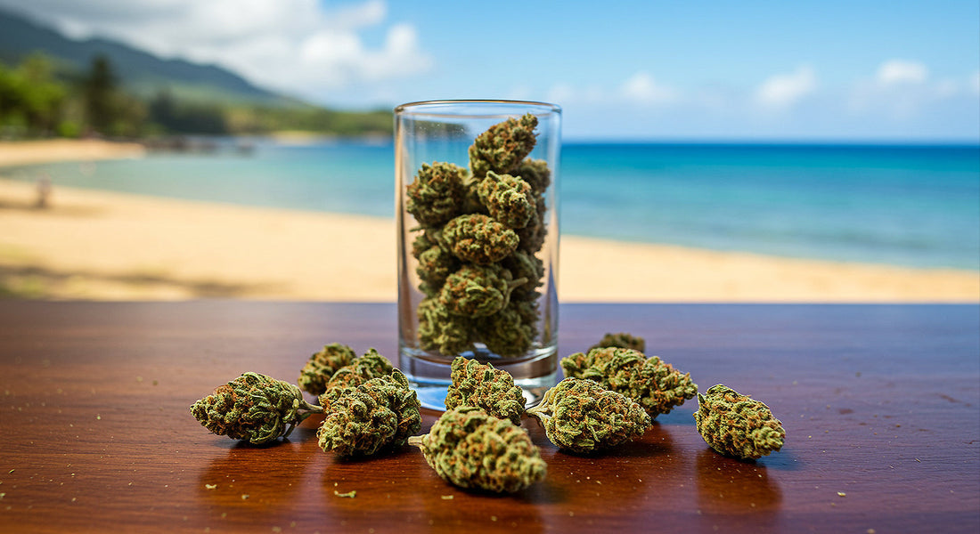 Hawaiian Haze hemp flowers on a wooden surface, with a tropical blurred background reflecting the strain’s island-inspired origins