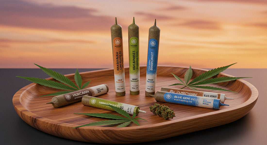 Hurcann CBD pre-rolls (Hawaiian Haze, Legendary OG, Blue Genius) on a wooden tray with hemp leaves, set against a calming sunset glow.