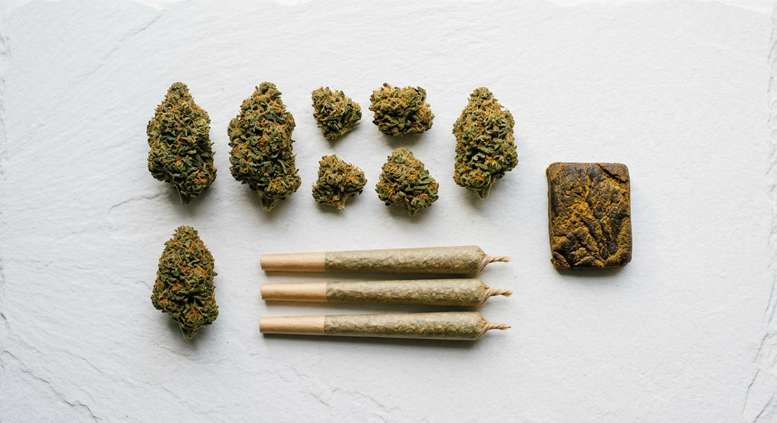 head shop vs smoke shop hemp product display CBD flower pre-rolls hash on white surface