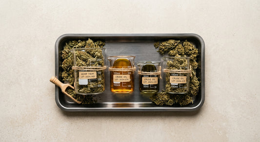 hemp biomass extraction Europe crude CBD oil and dried trim on stainless steel tray