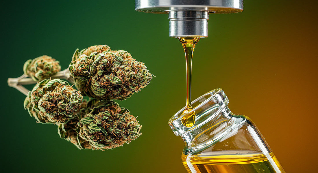 A dynamic scene of hemp-derived Delta-9 buds being extracted with CO2 equipment, golden THC oil dripping into a vial, set against a gradient green and amber background.