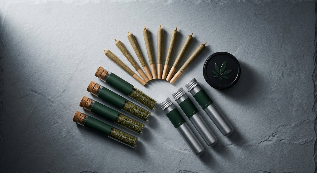 hemp pre roll packaging formats glass tubes tin canister flat lay 2026 guide Hurcann
