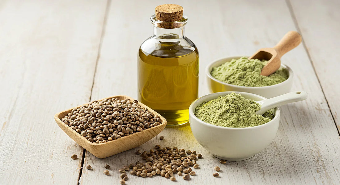 A selection of hemp-based products, including seeds, oil, and protein powder, arranged on a wooden surface | Hurcann