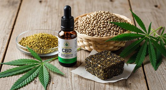 A collection of hemp and cannabis products, including CBD oil, hemp seeds, kief, hash, and hemp leaves, displayed on a rustic wooden table.