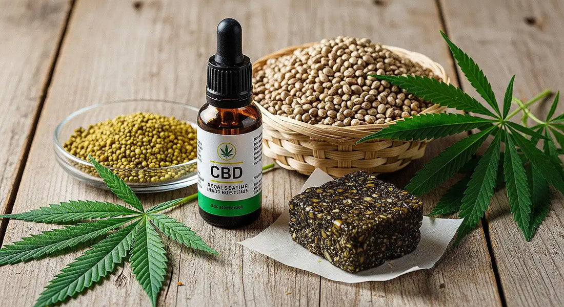A collection of hemp and cannabis products, including CBD oil, hemp seeds, kief, hash, and hemp leaves, displayed on a rustic wooden table | Hurcann