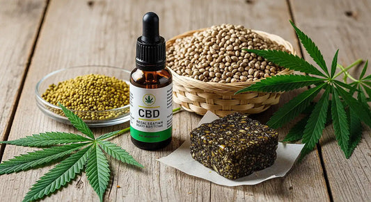A collection of hemp and cannabis products, including CBD oil, hemp seeds, kief, hash, and hemp leaves, displayed on a rustic wooden table | Hurcann