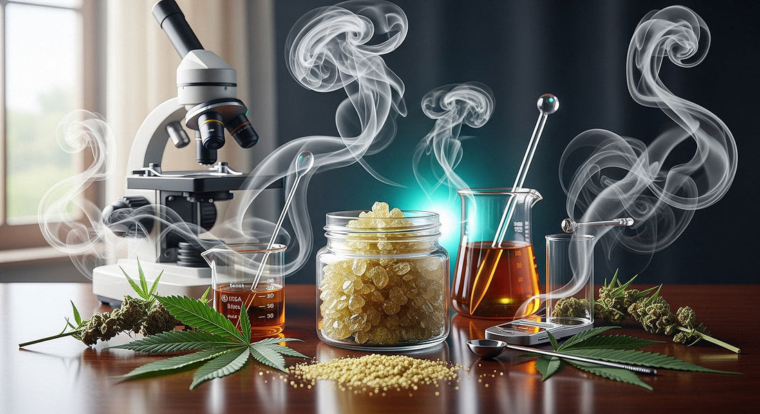 Golden THCA hash jar surrounded by hemp leaves and lab tools symbolizing purity, legality, and craftsmanship in modern cannabis concentrates