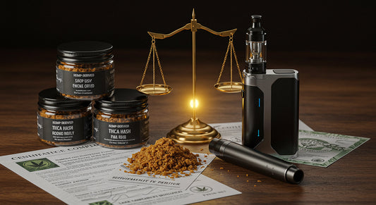 THCA hash jars with vaporizer and compliance papers beside a glowing balance scale symbolizing safe consumption and legality