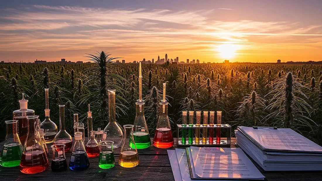 Panoramic scene combining hemp cultivation, laboratory testing, and cannabis regulation themes | Hurcann