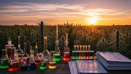 Panoramic scene combining hemp cultivation, laboratory testing, and cannabis regulation themes | Hurcann