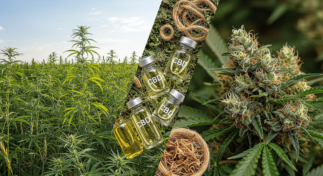 A split image of a hemp field and marijuana buds, overlaid with CBD oil vials and hemp fibers, representing the versatility of Cannabis Sativa.