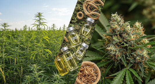 A split image of a hemp field and marijuana buds, overlaid with CBD oil vials and hemp fibers, representing the versatility of Cannabis Sativa.