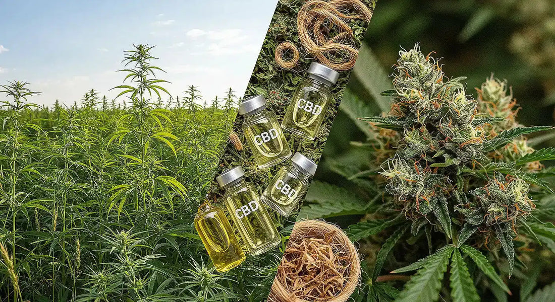 A split image of a hemp field and marijuana buds, overlaid with CBD oil vials and hemp fibers, representing the versatility of Cannabis Sativa.