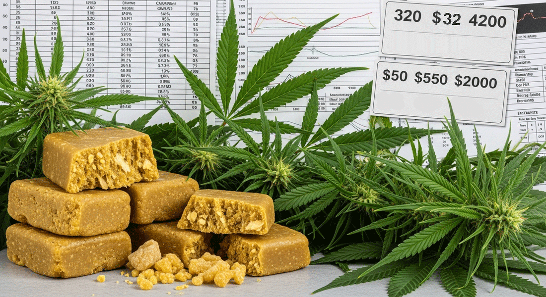 Premium hemp hash, lab reports, and price comparison visuals symbolizing quality, potency, and value review