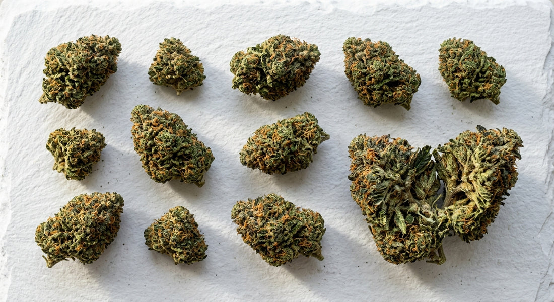 high CBD low THC hemp flower buds flat lay on white surface 2026 guide