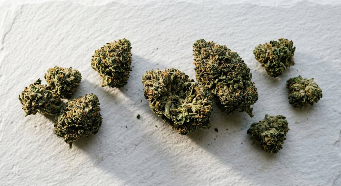 high CBD low THC hemp flower buds flat lay on white surface Hurcann