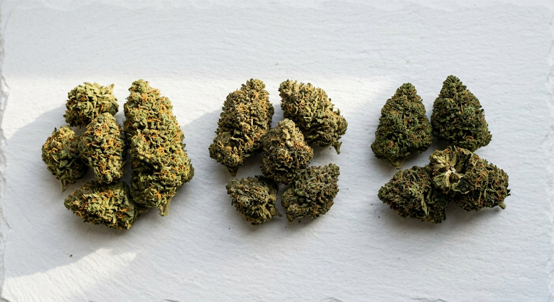 high CBD low THC hemp flower strains arranged flat lay showing variety and bud structure