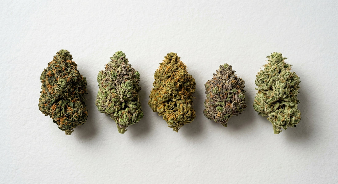 high CBD strains hemp flower buds variety flat lay premium quality 2026