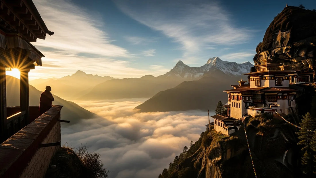 Himalayan monastery above clouds with monk silhouette holding resin sphere | Hurcann